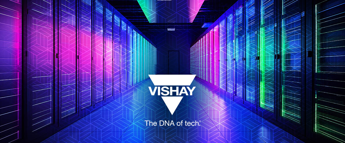 네온 불빛이 비치는 서버실, 전면에 Vishay 로고가 보인다.